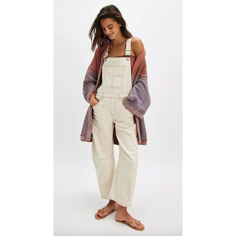 Free People Good Luck Barrel Overalls in Sand Castle Size Small Denim Utility